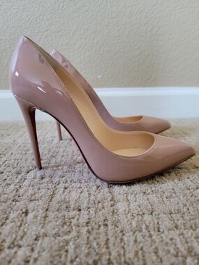 New Christian Louboutin 100mm Nude Patent Leather Pointed-Toe Pumps, Size 36